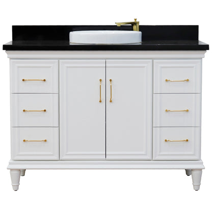 49" Single sink vanity in White finish with Black galaxy granite and round sink