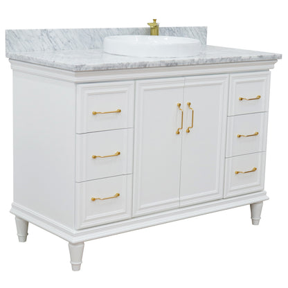 49" Single sink vanity in White finish with White carrara marble and round sink