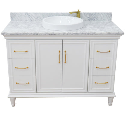 49" Single sink vanity in White finish with White carrara marble and round sink