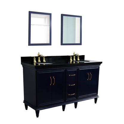 61" Double sink vanity in Blue finish and Black galaxy granite and oval sink