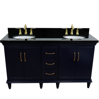 61" Double sink vanity in Blue finish and Black galaxy granite and oval sink
