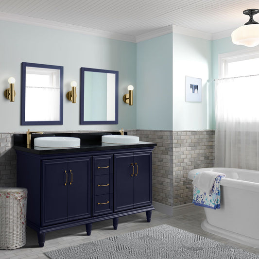 61" Double sink vanity in Blue finish and Black galaxy granite and round sink