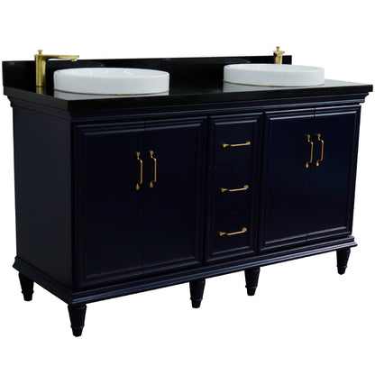 61" Double sink vanity in Blue finish and Black galaxy granite and round sink