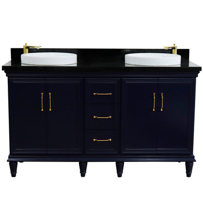 61" Double sink vanity in Blue finish and Black galaxy granite and round sink