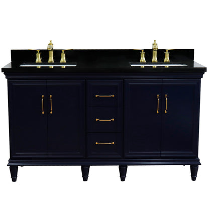 61" Double sink vanity in Blue finish and Black galaxy granite and rectangle sink