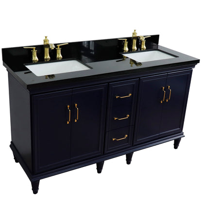 61" Double sink vanity in Blue finish and Black galaxy granite and rectangle sink