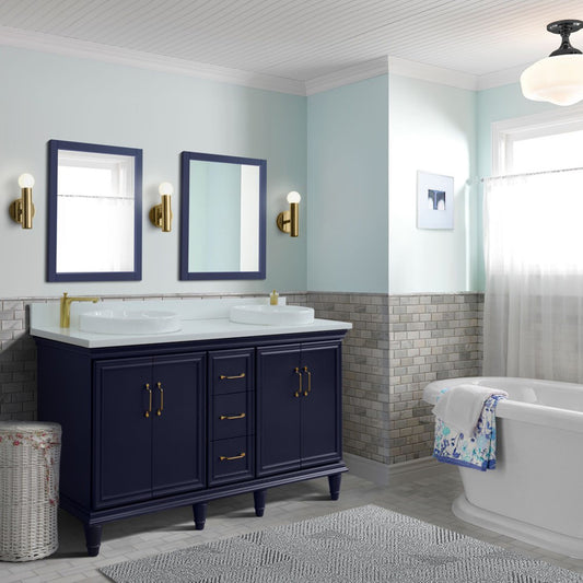 61" Double sink vanity in Blue finish and White engineered stone and round sink