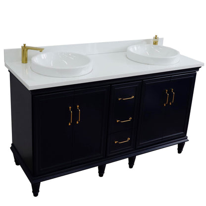 61" Double sink vanity in Blue finish and White engineered stone and round sink