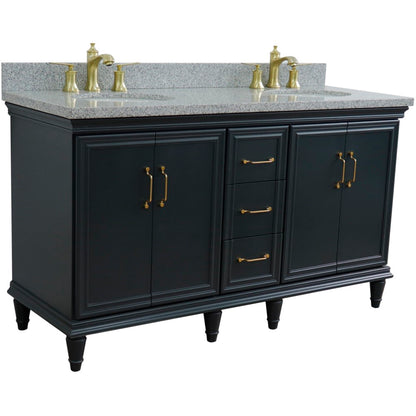 61" Double sink vanity in Dark Gray finish and Gray granite and oval sink