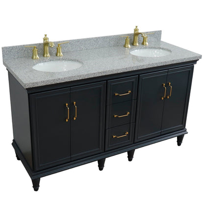61" Double sink vanity in Dark Gray finish and Gray granite and oval sink