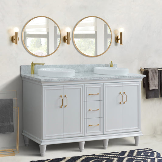 61" Double sink vanity in White finish and White Carrara marble and round sink