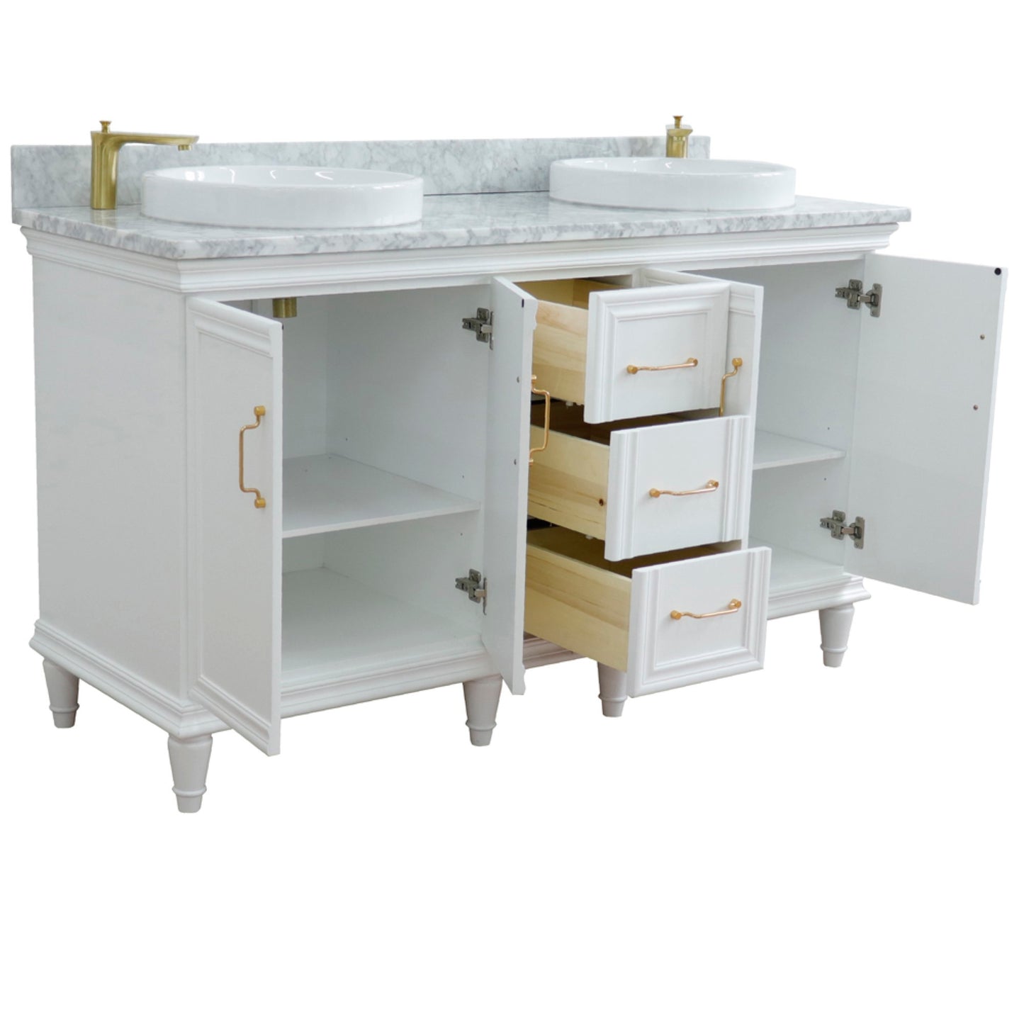 61" Double sink vanity in White finish and White Carrara marble and round sink