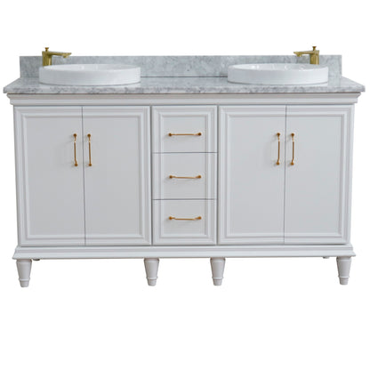 61" Double sink vanity in White finish and White Carrara marble and round sink