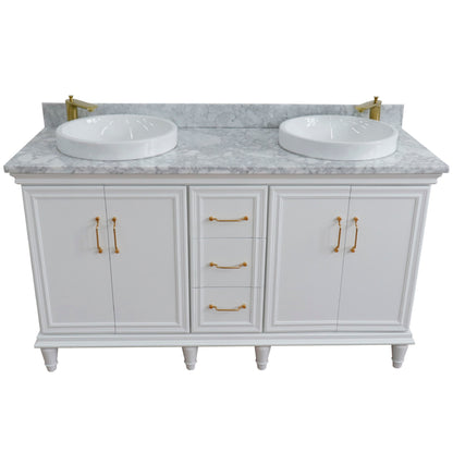 61" Double sink vanity in White finish and White Carrara marble and round sink