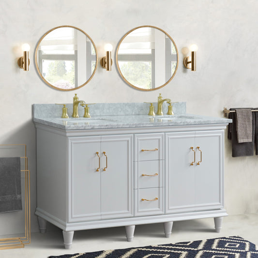 61" Double sink vanity in White finish and White Carrara marble and rectangle sink