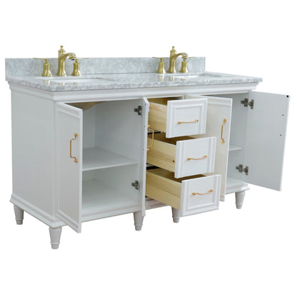 61" Double sink vanity in White finish and White Carrara marble and rectangle sink