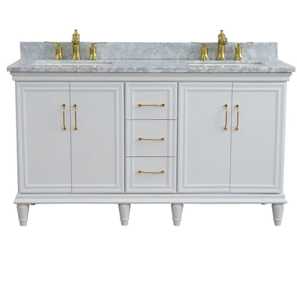 61" Double sink vanity in White finish and White Carrara marble and rectangle sink