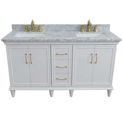 61" Double sink vanity in White finish and White Carrara marble and rectangle sink