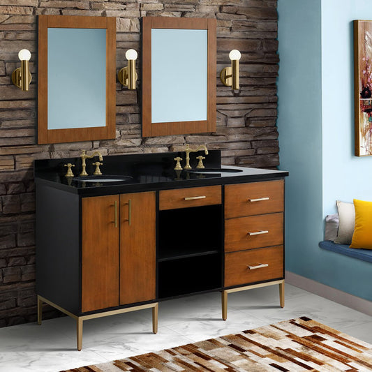 61" Double sink vanity in Walnut and Black finish and Black galaxy granite and oval sink