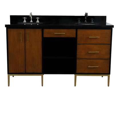 61" Double sink vanity in Walnut and Black finish and Black galaxy granite and oval sink