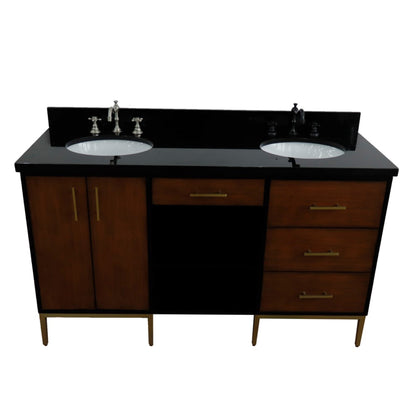 61" Double sink vanity in Walnut and Black finish and Black galaxy granite and oval sink