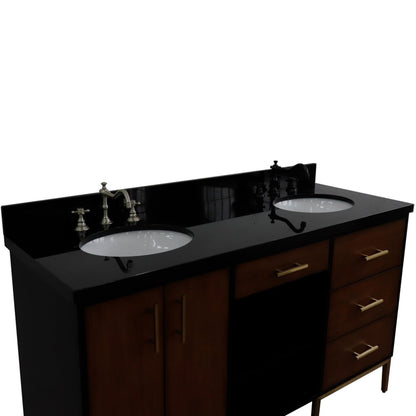 61" Double sink vanity in Walnut and Black finish and Black galaxy granite and oval sink