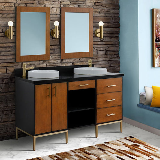 61" Double sink vanity in Walnut and Black finish and Black galaxy granite and round sink