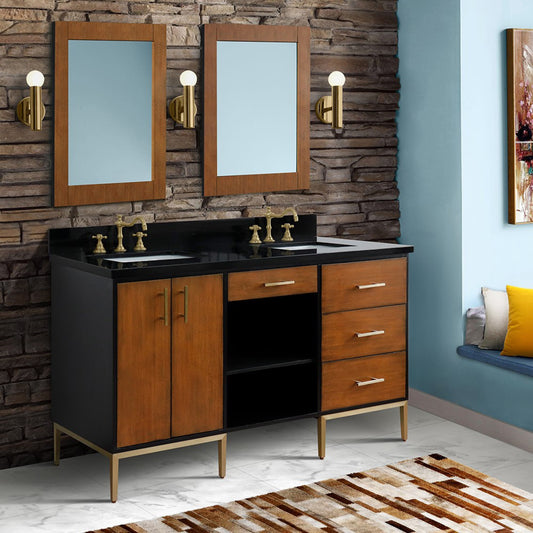 61" Double sink vanity in Walnut and Black finish and Black galaxy granite and rectangle sink