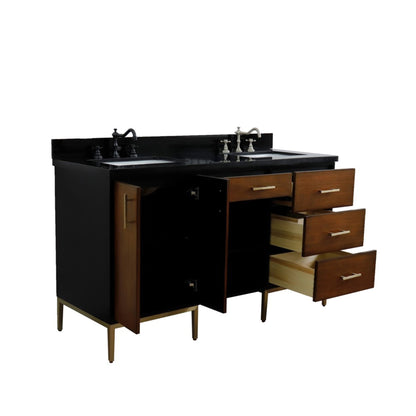 61" Double sink vanity in Walnut and Black finish and Black galaxy granite and rectangle sink