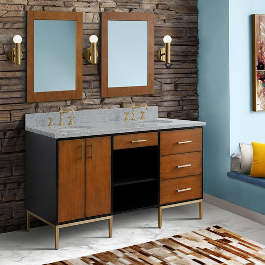 61" Double sink vanity in Walnut and Black finish and Gray granite and oval sink