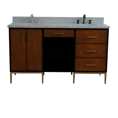 61" Double sink vanity in Walnut and Black finish and Gray granite and oval sink
