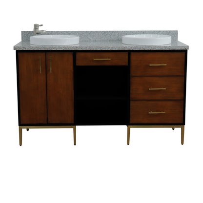61" Double sink vanity in Walnut and Black finish and Gray granite and round sink