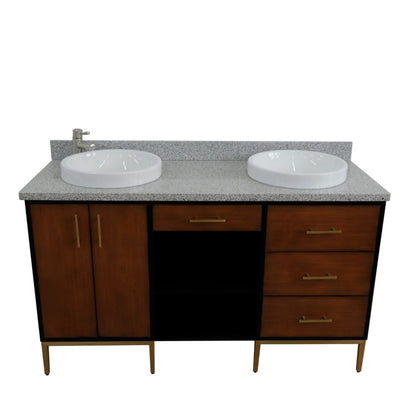 61" Double sink vanity in Walnut and Black finish and Gray granite and round sink
