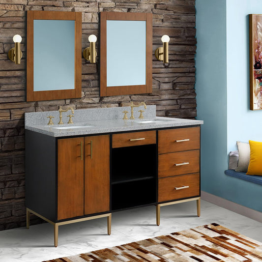 61" Double sink vanity in Walnut and Black finish and Gray granite and rectangle sink