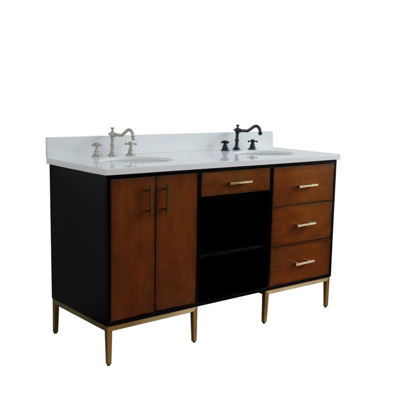 61" Double sink vanity in Walnut and Black finish and White engineered stone and oval sink