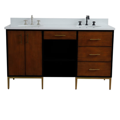 61" Double sink vanity in Walnut and Black finish and White engineered stone and oval sink