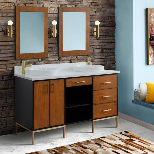 61" Double sink vanity in Walnut and Black finish and White engineered stone and round sink