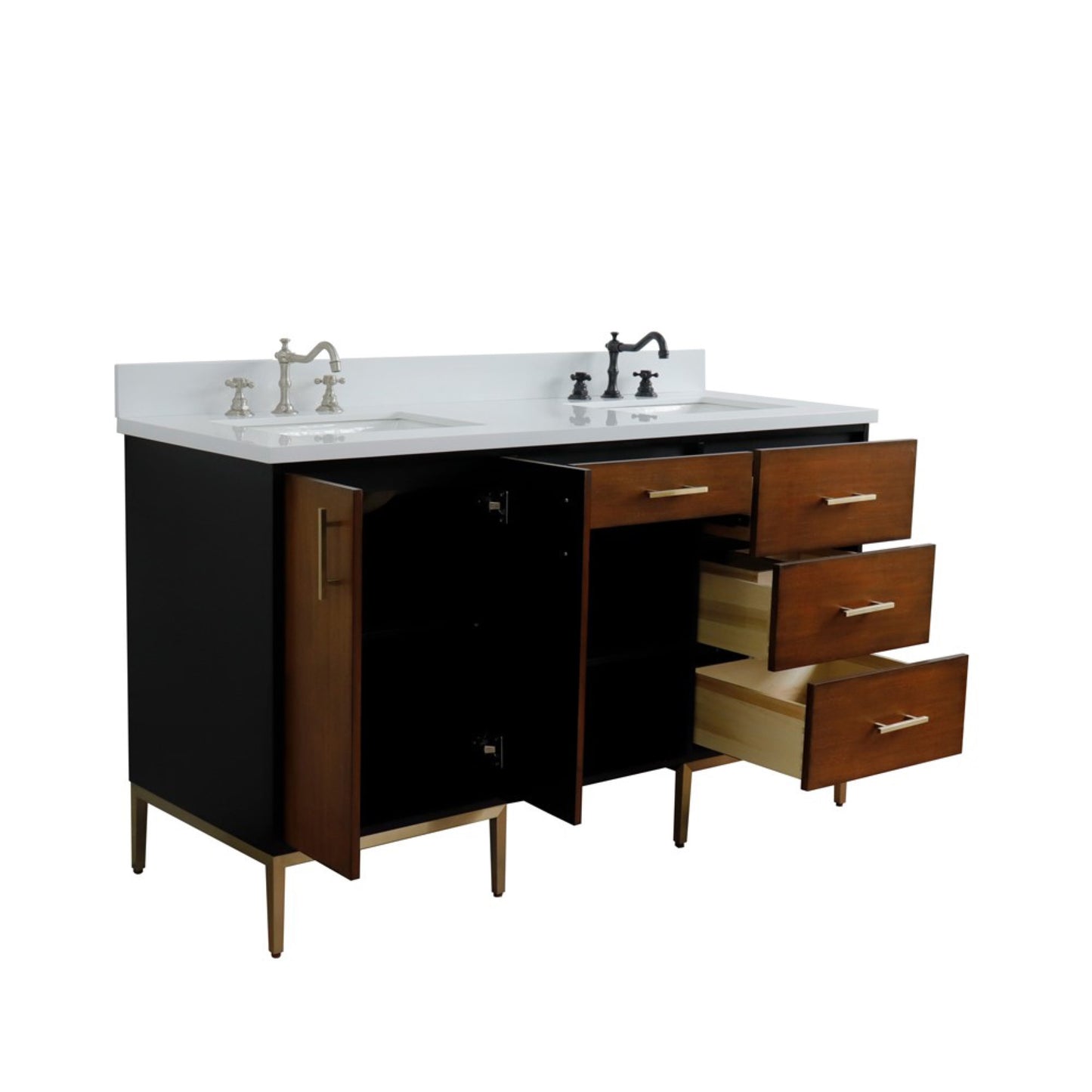 61" Double sink vanity in Walnut and Black finish and White engineered stone and rectangle sink