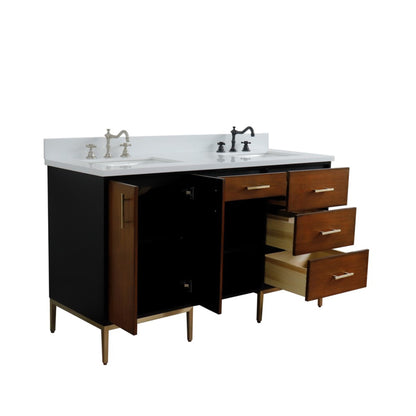 61" Double sink vanity in Walnut and Black finish and White engineered stone and rectangle sink
