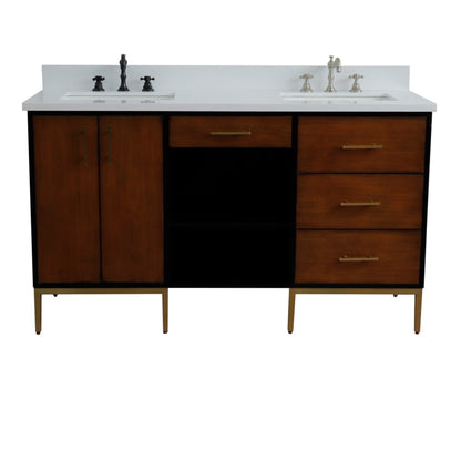 61" Double sink vanity in Walnut and Black finish and White engineered stone and rectangle sink