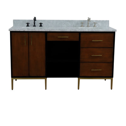 61" Double sink vanity in Walnut and Black finish and White Carrara marble and oval sink