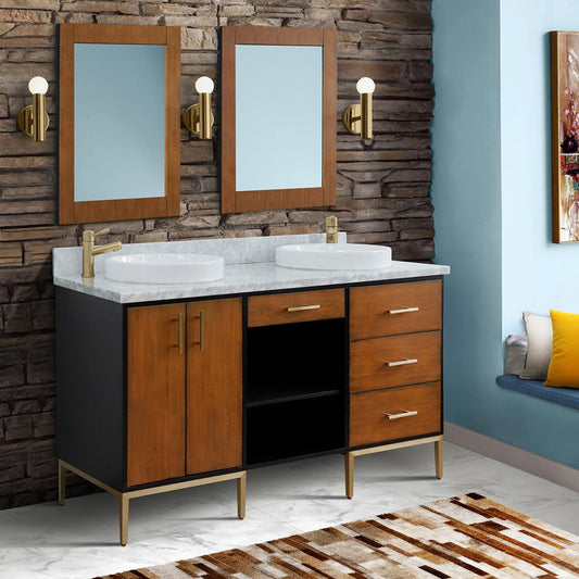 61" Double sink vanity in Walnut and Black finish and White Carrara marble and round sink