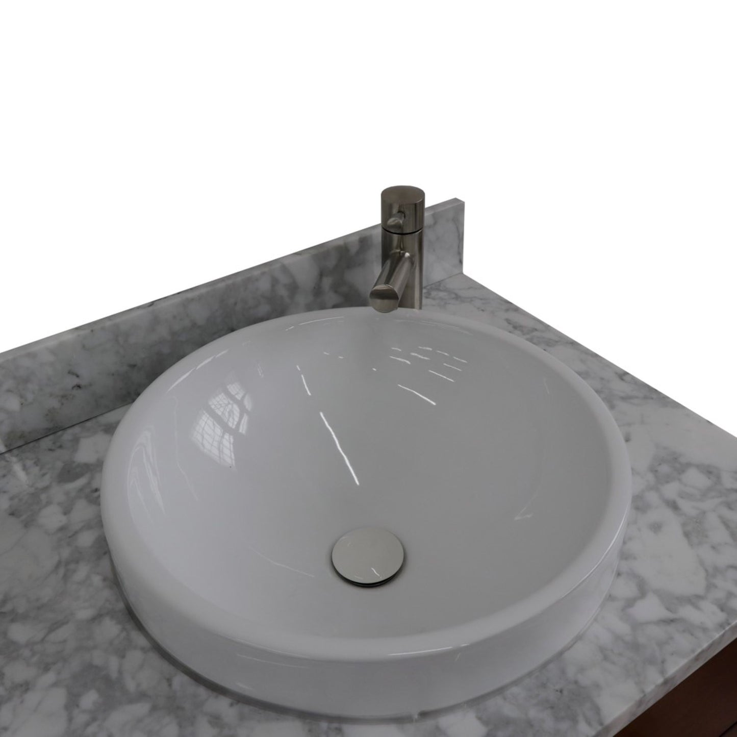 61" Double sink vanity in Walnut and Black finish and White Carrara marble and round sink