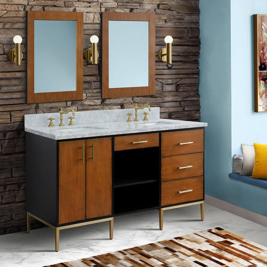 61" Double sink vanity in Walnut and Black finish and White Carrara marble and rectangle sink