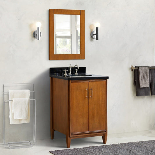 25" Single sink vanity in Walnut finish with Black galaxy granite and oval sink