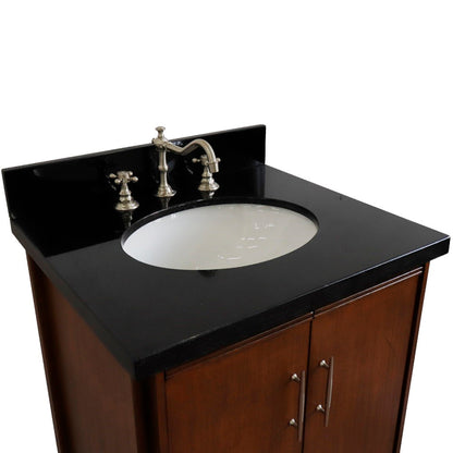 25" Single sink vanity in Walnut finish with Black galaxy granite and oval sink