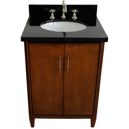 25" Single sink vanity in Walnut finish with Black galaxy granite and oval sink