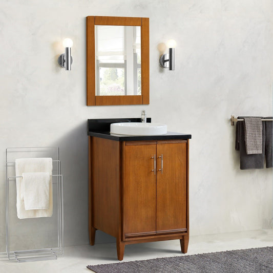 25" Single sink vanity in Walnut finish with Black galaxy granite and round sink