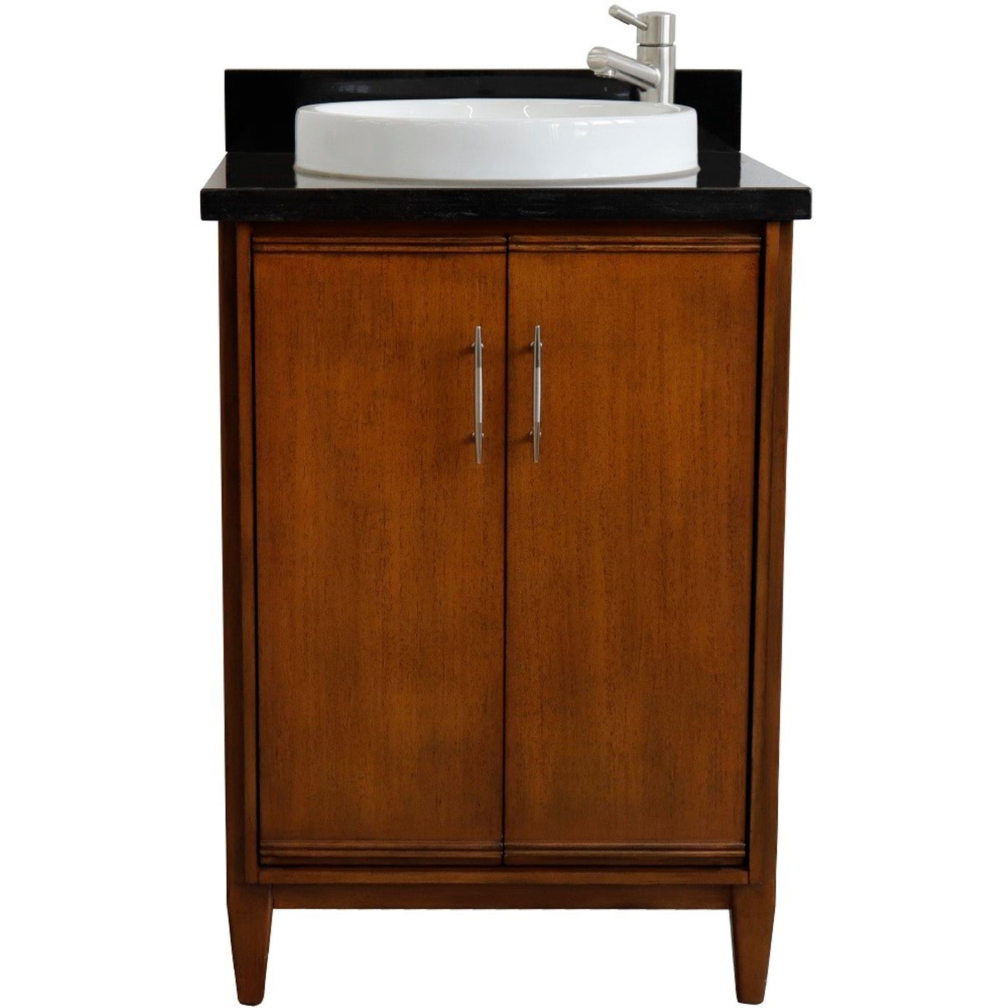25" Single sink vanity in Walnut finish with Black galaxy granite and round sink