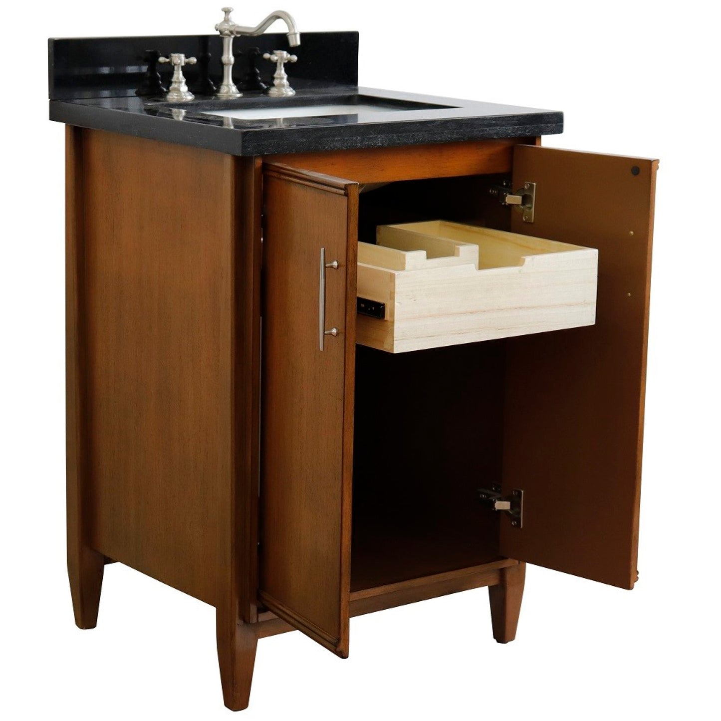 25" Single sink vanity in Walnut finish with Black galaxy granite and rectangle sink
